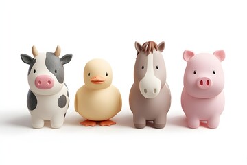 A 3D Cartoon Illustration Of Cute Farm Animals Including A Cow, Duck, Horse, And Pig Standing In A Row On White Background