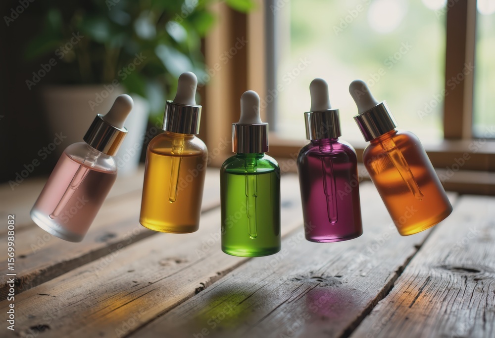 Poster hovering essential oil bottles with soft atmospheric effects in a serene setting