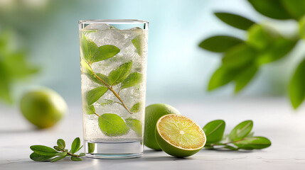 Refreshing lime drink in clear glass against green background