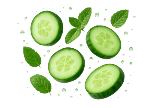 Cucumber slices and mint leaves isolated on a transparent background, fresh look