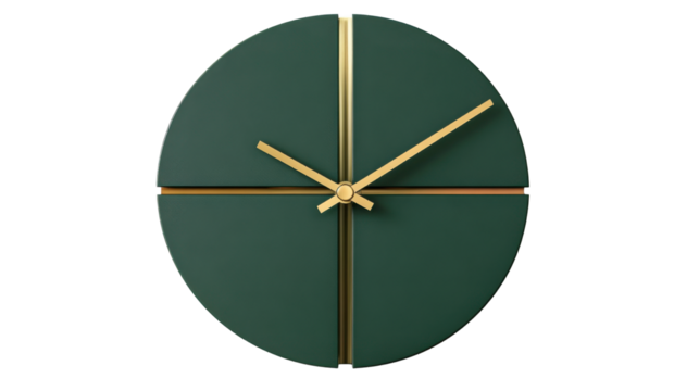 Modern wall clock with minimalistic green design isolated on white background 