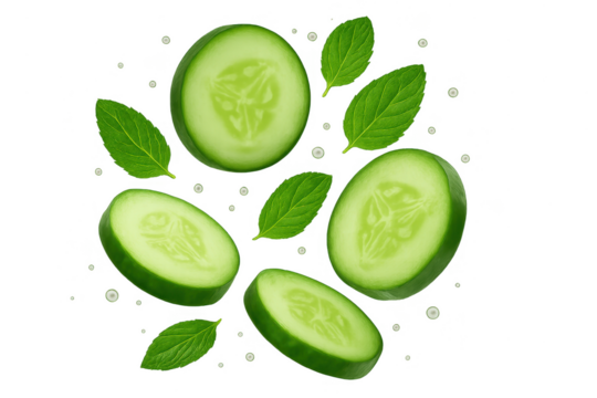 Cucumber slices with mint leaves isolated on transparent background, fresh and green