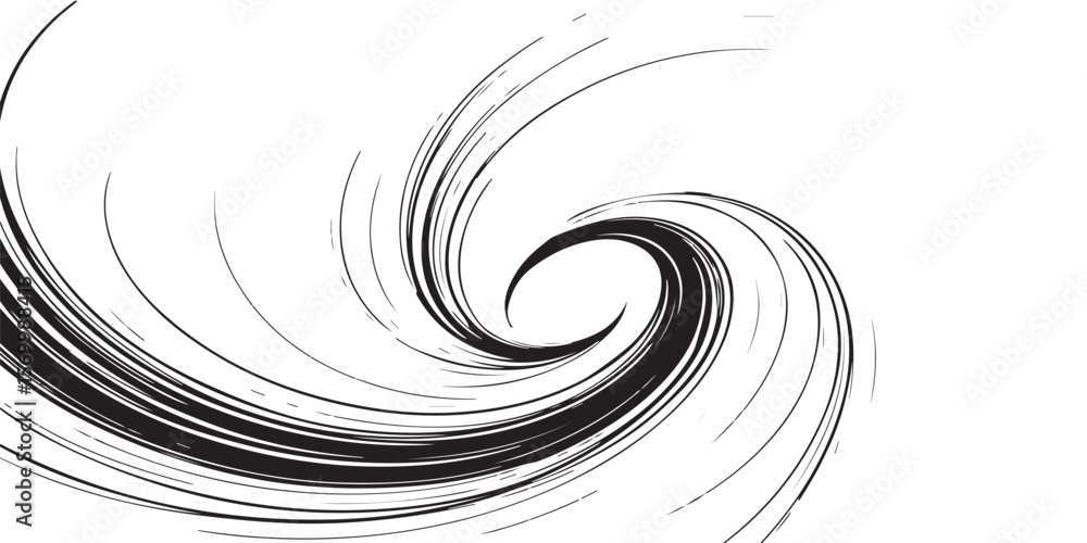 Poster abstract black and white vortex design with swirling lines and circular motion on a white background