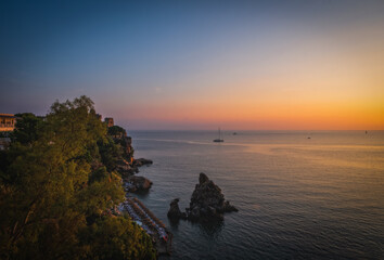 Panoramic view of east coastline of Cefalu, Metropolitan City of Palermo, coastal town in northern Sicily, Italy. August 2024