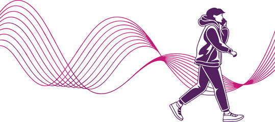 A stylized illustration of a person walking and talking on a cell phone with abstract sound waves emanating from them in purple and pink hues