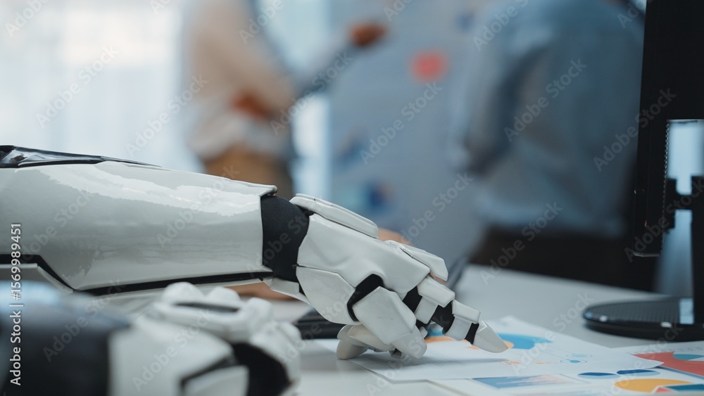Poster a close-up view of a robotic hand interacting with business documents in a modern office, showcasing