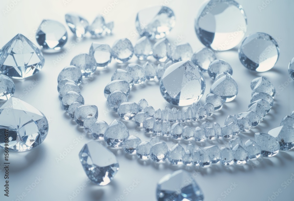 Poster floating glass objects and crystal formations create a stunning visual display