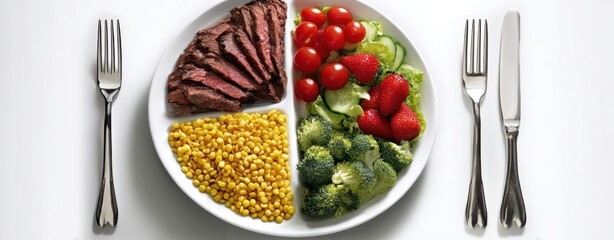 The vibrant plate filled with a balanced meal of steak, vegetables, and fruits.