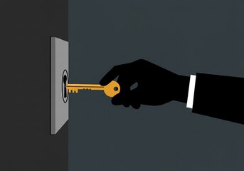 Hand in Suit Holding Key Unlocking Dark Door or Mystery - Conceptual illustration of solutions, access, opportunity, or problem-solving.