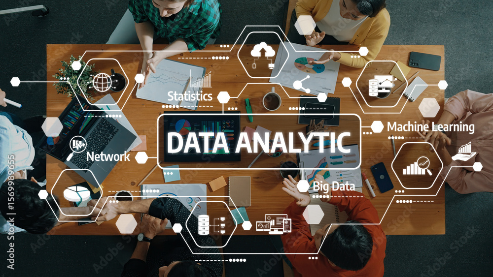 Aufkleber a top-down view of a team engaged in data analytic discussions, surrounded by charts and technology 