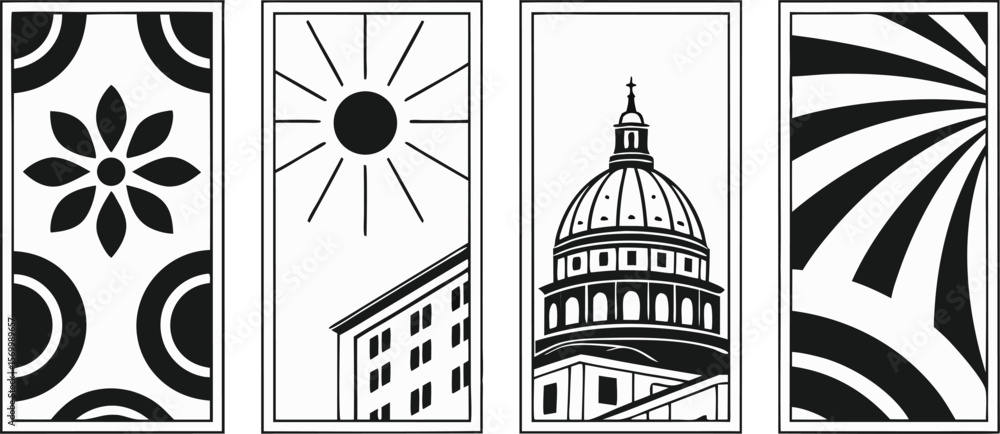 Poster four black and white graphic panels featuring a flower pattern city building capitol building and ab