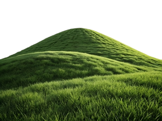 A central grassy hill with a velvety texture, highly realistic with deep green hues. Set against a bright white background, the lighting is soft and consistent, eliminating all shadows. The image is v
