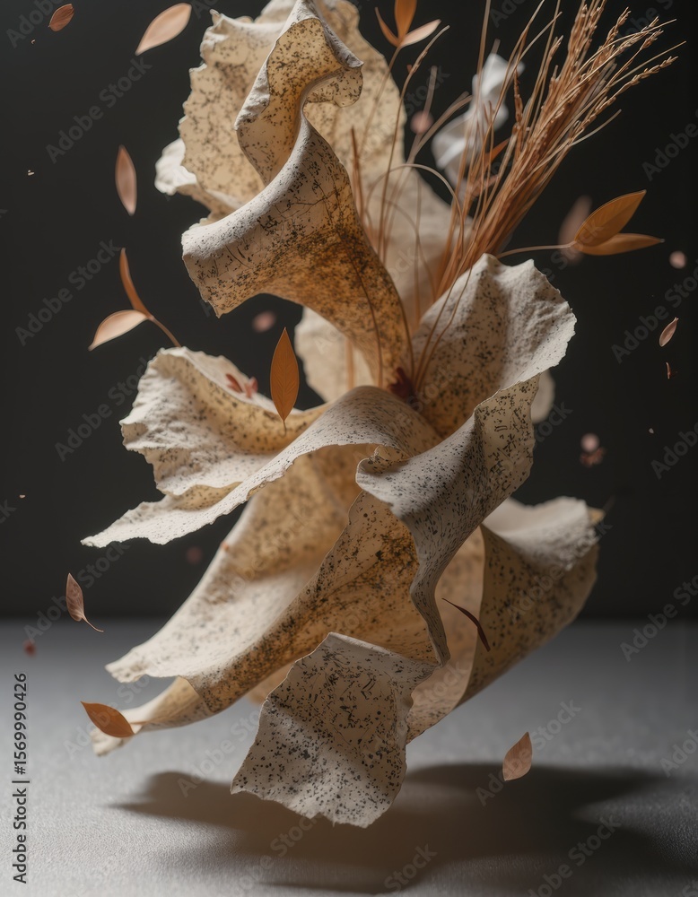Aufkleber floating handmade paper and natural fibers create an artistic display
