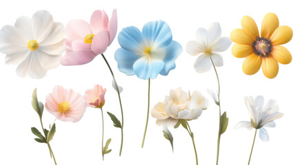 Obraz premium Set of beautiful white blue pink yellow flowers 3d render icon on white background 