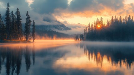 Golden hour lake sunrise scene