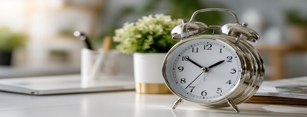 A cozy home office features a black alarm clock on an organized desk with graphic design tools, vibrant natural light flooding in, and a pop of green from a plant.