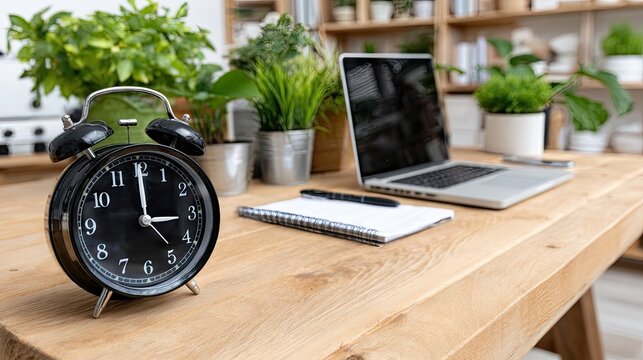 A cozy home office features a black alarm clock on an organized desk with graphic design tools, vibrant natural light flooding in, and a pop of green from a plant.