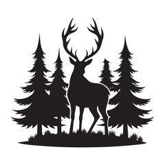Deer Standing Near Evergreen Pine Trees Silhouette