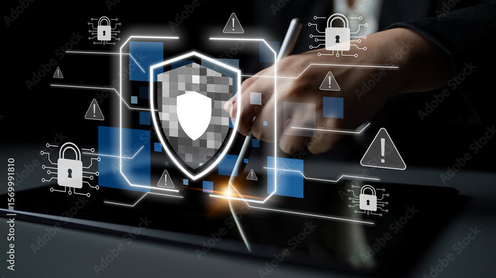 Poster cyber security protects against breaches, hacks, and network attacks using strong infrastructure and