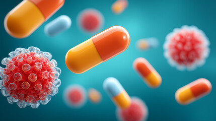 Pharmaceutical Capsules with Virus Cells in Background. Antiviral Medicine Concept. Capsules Fighting Infection. 3D Render of Antibiotics or Antiviral Drugs in Action