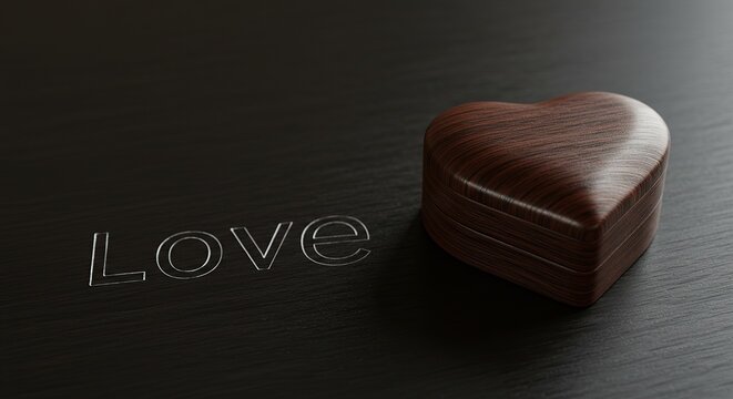 Wooden Heart-Shaped Box with "Love" Engraved on Dark Surface - Romantic and elegant still life symbolizing affection, gifts, or sentimental value.