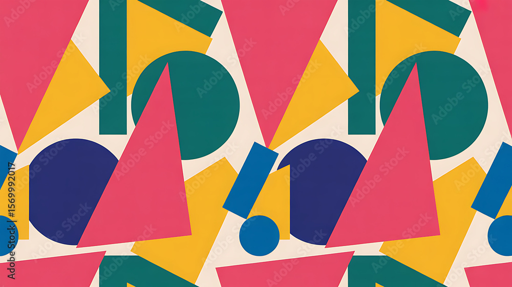 Poster vibrant geometric pattern with triangles circles and rectangles in bold colors