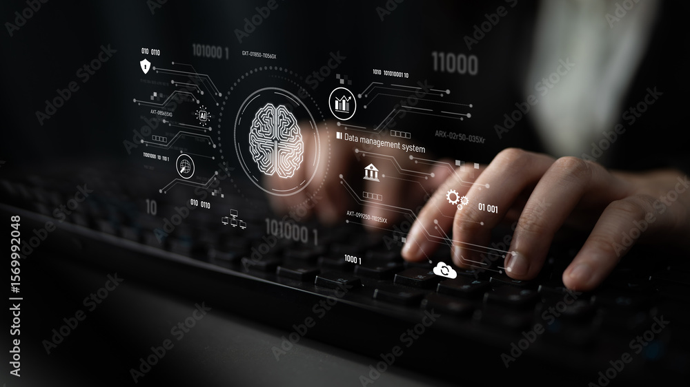 Poster ai data management system for digital analysis, with ai, data, and system repeating for better seo t