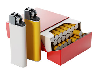 Cigarette box and lighters isolated on transparent background. 3D illustration