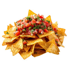 Crispy tortilla chips topped with fresh pico de gallo isolated on transparent background