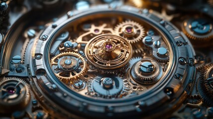 Fototapeta premium Ultra-high resolution close-up of intricate clockwork gears and springs in motion