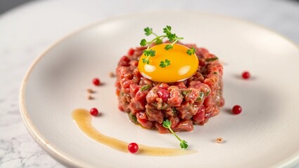 gourmet meat food plating buffalo tartare bison tartare raw meat dish fine dining dish microgreens garnish raw buffalo meat modern cuisine

