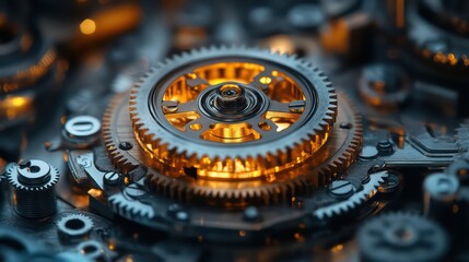 Ultra-high resolution close-up of intricate clockwork gears and springs in motion


