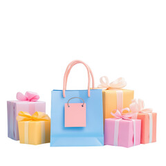 A collection of pastel colored gift boxes and a blue shopping bag isolated on transparent background