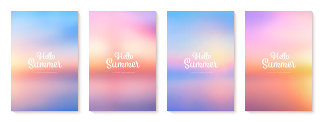 Summer blur gradient backgrounds set. Sunrise or sunset in ocean. Bright gradient summer sea. Sunset and sunrise sky colors. Blue, purple, orange, pink, yellow. Vector illustration.