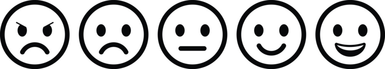 Feedback emoticons emojis icon set. Happy, neutral, sad, emoji, vectors. Customer satisfaction rating scale with good and bad emotions isolated on transparent background.