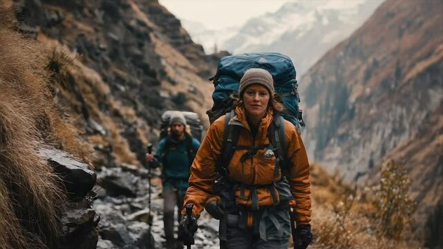 Hikers ascend a rugged mountain path, laden with backpacks and trekking poles amidst a dramatic landscape