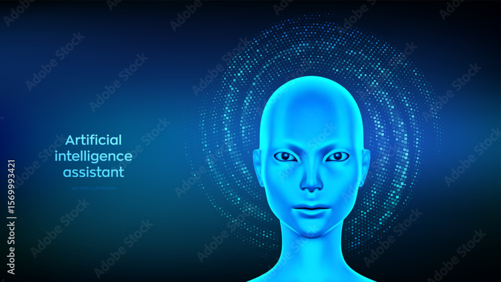Poster ai. artificial intelligence concept. cyborg woman head. female robot electronic face. neural network