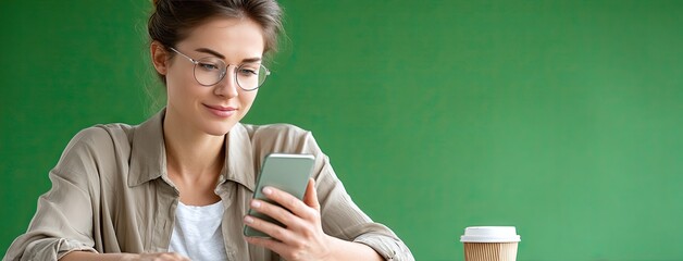 Woman in glasses enjoys using her smartphone while seated at a wooden table in a cozy cafe with a green screen in the background