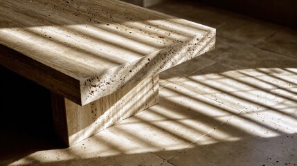 Sunlit minimalist stone bench in modern interior for architectural design