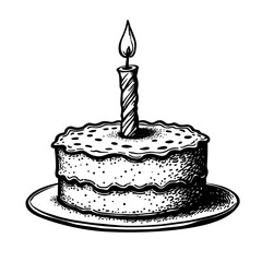 Black and white birthday cake with candle in engraving sketch style - celebration and dessert concept
