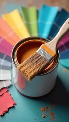 Vibrant Paint Colors Paintbrush on Paint Can with Swatches, Perfect for Home Improvement, DIY, and Real Estate Marketing