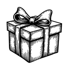 Hand-drawn gift box with ribbon and bow in engraving style - present and holiday concept