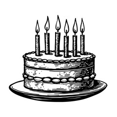 Birthday cake with six candles in vintage engraving style - celebration and dessert concept