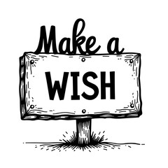 Make a wish wooden sign with bold lettering and grass base in sketch style - motivation and celebration concept