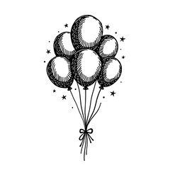 Bunch of birthday balloons with sparkles tied with ribbon in sketch style - festive and party concept