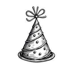Hand-drawn birthday party cone hat with ribbon and dots in vintage style - celebration and fun concept