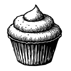 Detailed cupcake with textured frosting and liner in hand-drawn sketch style - dessert and celebration concept
