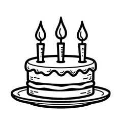 Birthday cake with three candles in engraving style for greeting cards and holiday print design - concept of joy and milestones