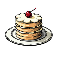 Stack of pancakes with cherry on top on plate in colored sketch style for breakfast menus and restaurant signage - concept of comfort and morning meals