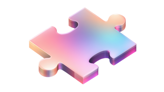 A single gradient puzzle piece holographic Iridescent 3d render on white background 